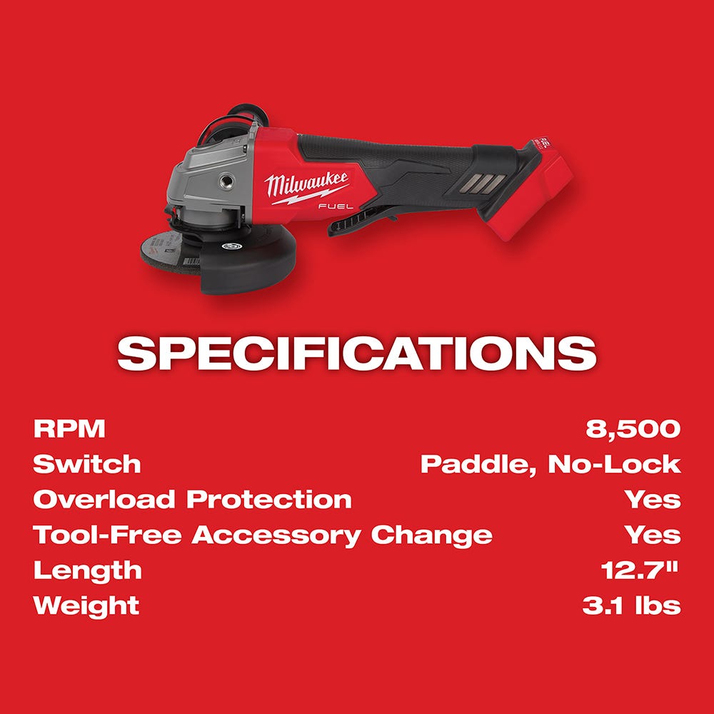 Milwaukee 2880-20 M18 FUEL 4-1/2" / 5" Grinder No-Lock Paddle Switch, Tool Only