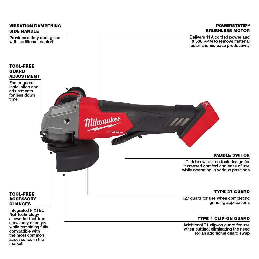 Milwaukee 2880-20 M18 FUEL 4-1/2" / 5" Grinder No-Lock Paddle Switch, Tool Only (PROMO)