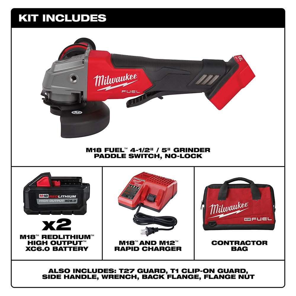 Milwaukee 2880-22 M18 FUEL 4-1/2" / 5" Grinder No-Lock Paddle Switch 6.0Ah Kit