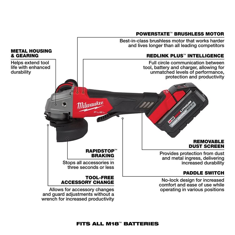 Milwaukee 2880-22 M18 FUEL 4-1/2" / 5" Grinder No-Lock Paddle Switch 6.0Ah Kit
