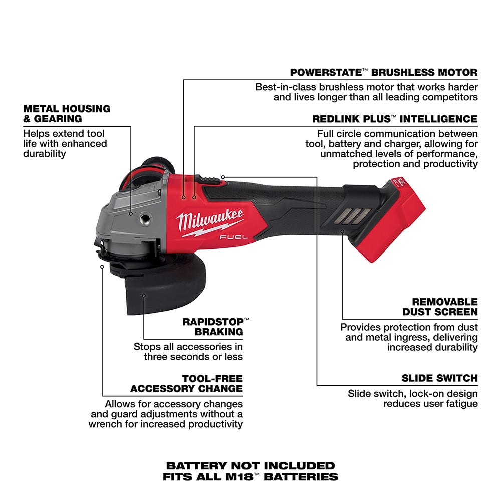 Milwaukee 2881-20 M18 FUEL 4-1/2" / 5" Grinder Lock-On Slide Switch, Tool Only