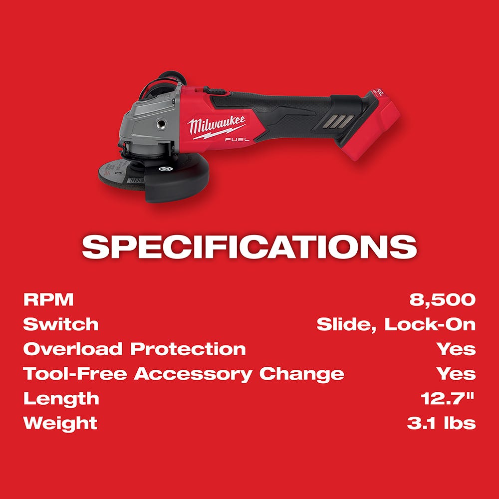 Milwaukee 2881-20 M18 FUEL 4-1/2" / 5" Grinder Lock-On Slide Switch, Tool Only