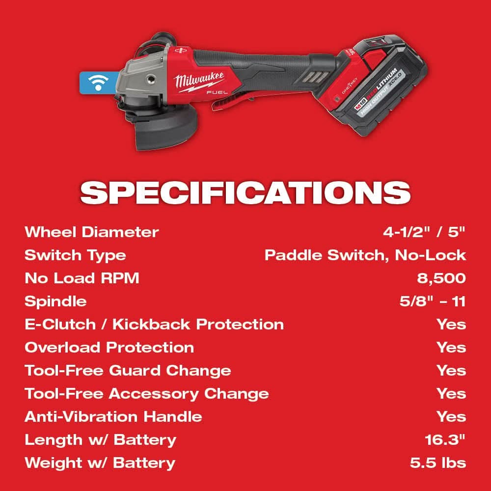 Milwaukee 2882-22 M18 FUEL 4-1/2" / 5" Braking Grinder w/ ONE-KEY Paddle Switch, No-Lock Kit