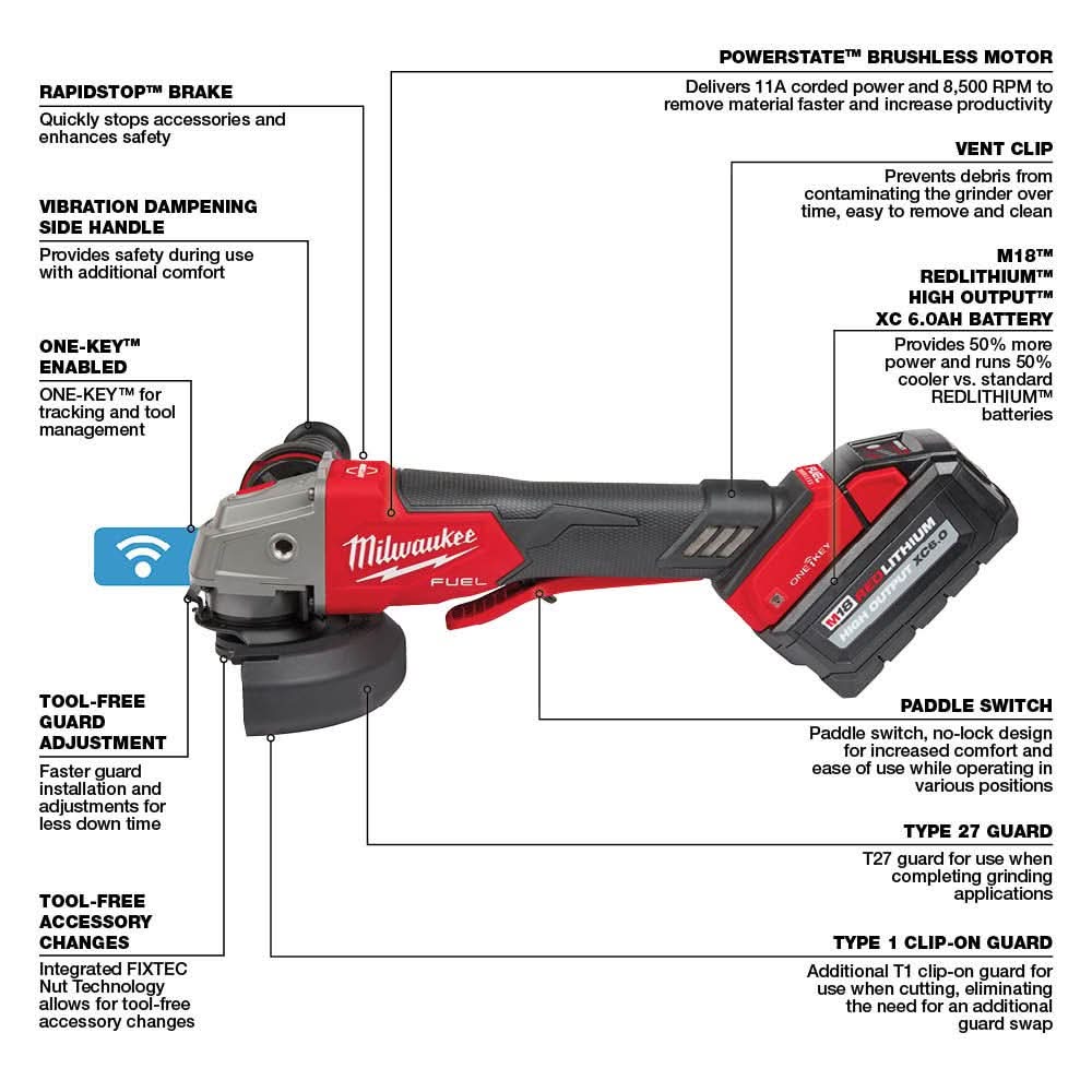 Milwaukee 2882-22 M18 FUEL 4-1/2" / 5" Braking Grinder w/ ONE-KEY Paddle Switch, No-Lock Kit