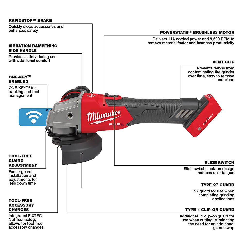 Milwaukee 2883-20 M18 FUEL 4-1/2" / 5" Braking Grinder w/ ONE-KEY Slide Switch, Lock-On