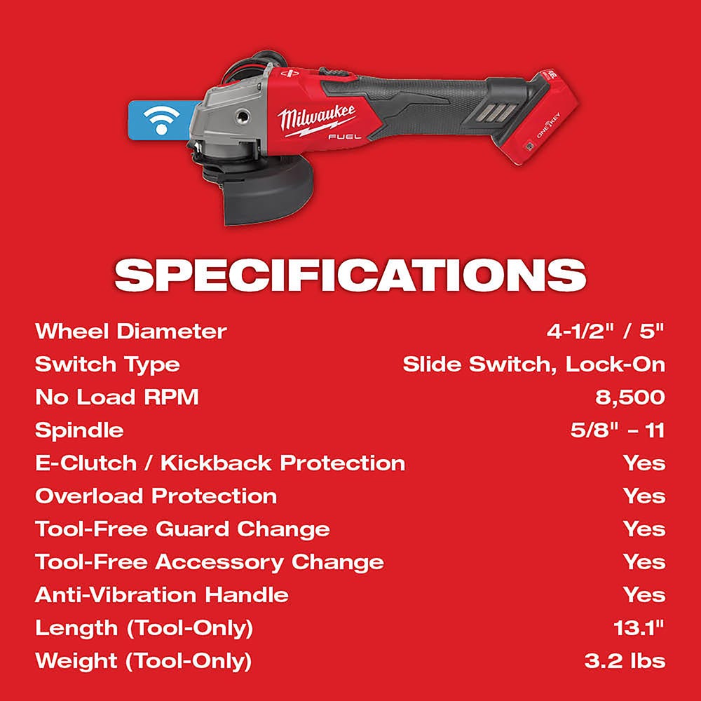 Milwaukee 2883-20 M18 FUEL 4-1/2" / 5" Braking Grinder w/ ONE-KEY Slide Switch, Lock-On