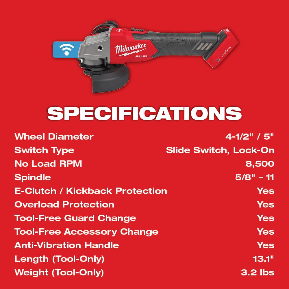 Milwaukee 2882-20 M18 FUEL 4-1/2" / 5" Braking Grinder w/ ONE-KEY Paddle Switch, No-Lock