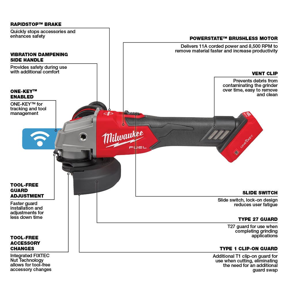 Milwaukee 2882-20 M18 FUEL 4-1/2" / 5" Braking Grinder w/ ONE-KEY Paddle Switch, No-Lock