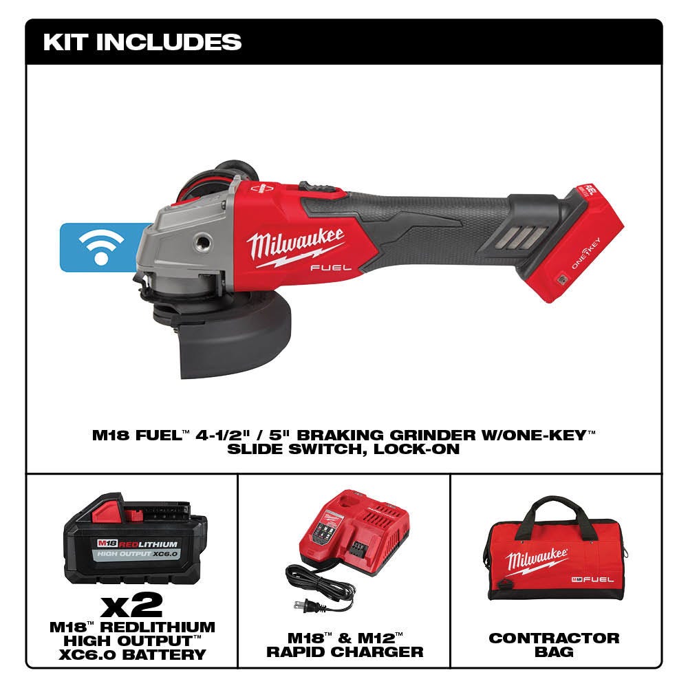 Milwaukee 2883-22 M18 FUEL 4-1/2" / 5" Braking Grinder w/ ONE-KEY Slide Switch, Lock-On Kit
