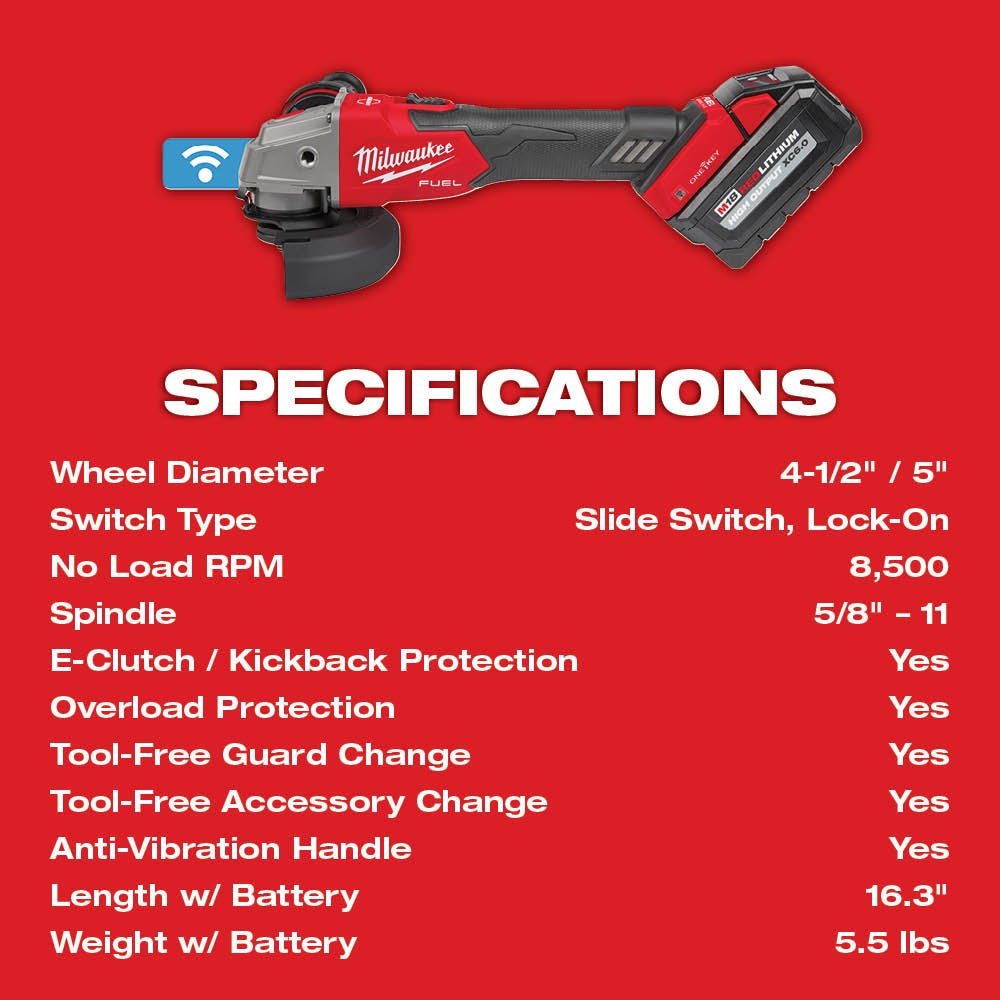 Milwaukee 2883-22 M18 FUEL 4-1/2" / 5" Braking Grinder w/ ONE-KEY Slide Switch, Lock-On Kit