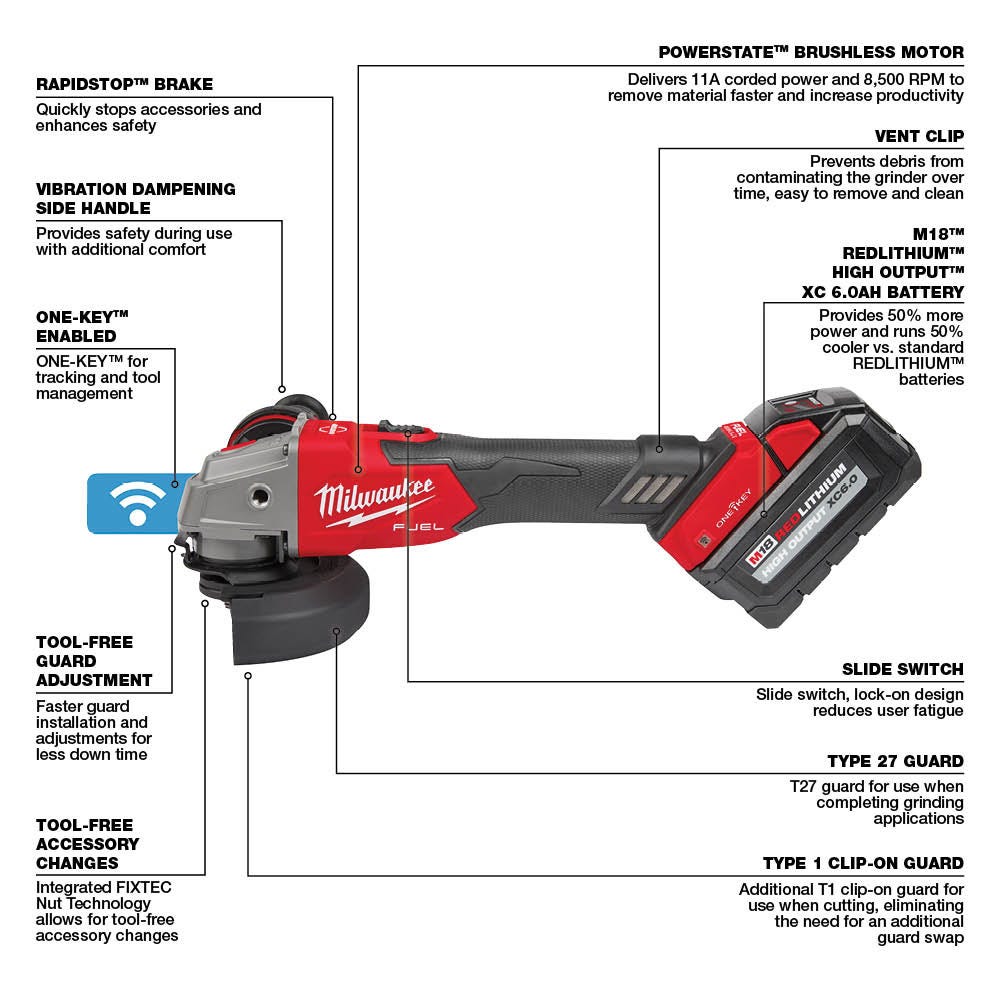Milwaukee 2883-22 M18 FUEL 4-1/2" / 5" Braking Grinder w/ ONE-KEY Slide Switch, Lock-On Kit