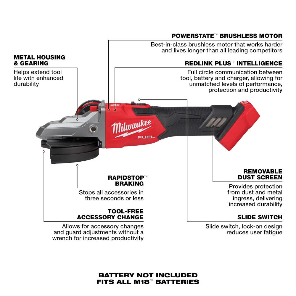 Milwaukee 2887-20 M18 FUEL 5-in Flathead Braking Grinder, Slide Switch Lock-On , Tool Only