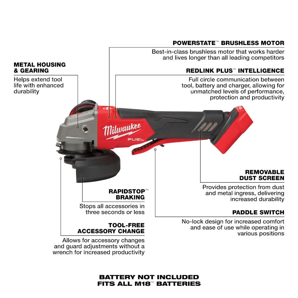 Milwaukee 2888-20 M18 FUEL 4-1/2-in / 5-in Variable Speed Braking Grinder, Paddle Switch No-Lock , Tool Only (PROMO)