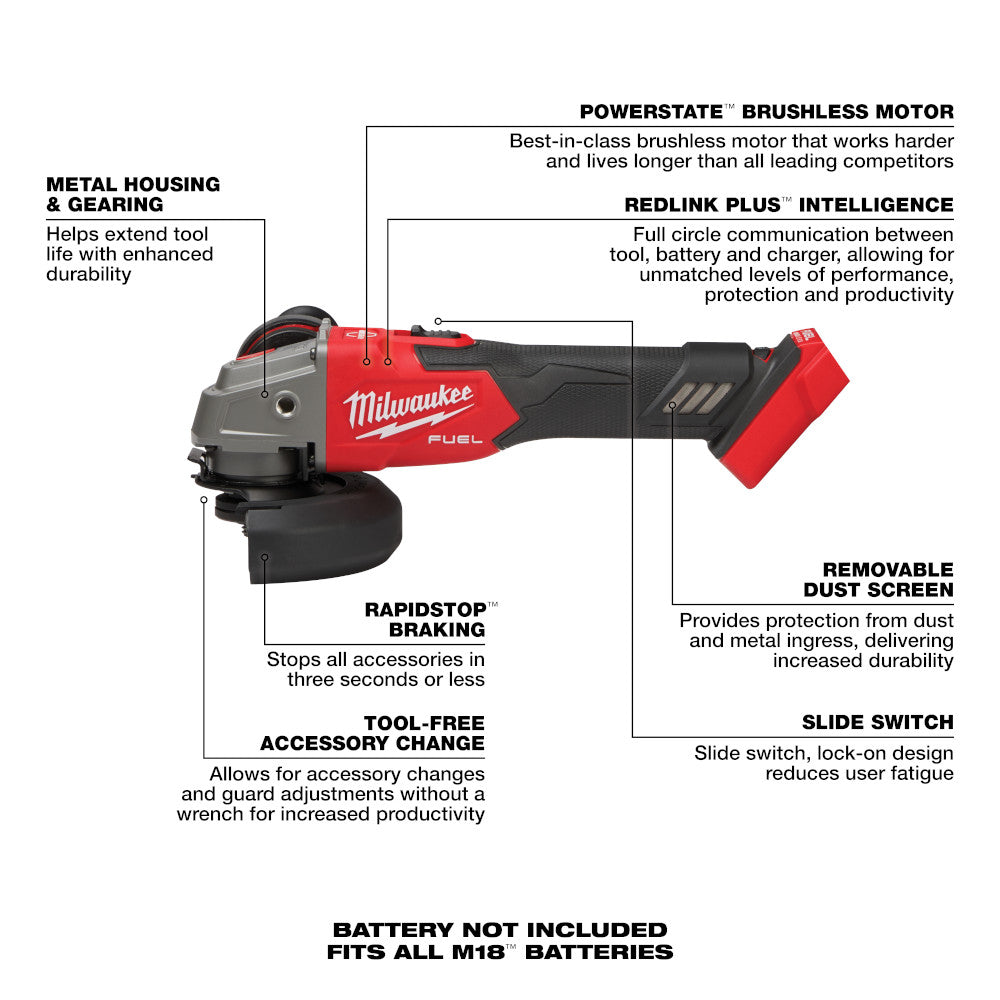 Milwaukee PROMO 2889-20 M18 FUEL 4-1/2-in / 5-in Variable Speed Braking Grinder, Slide Switch Lock-On , Tool Only (PROMO)
