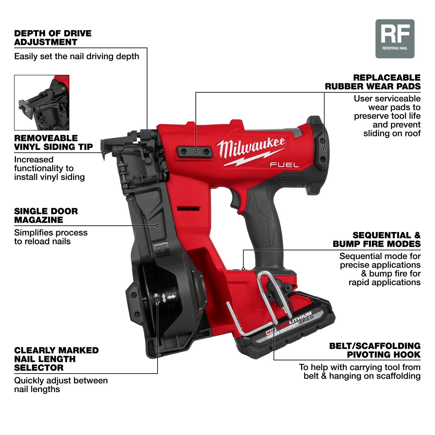 Milwaukee 2909-21 M18 FUEL Coil Roofing Nailer 3.0Ah Kit
