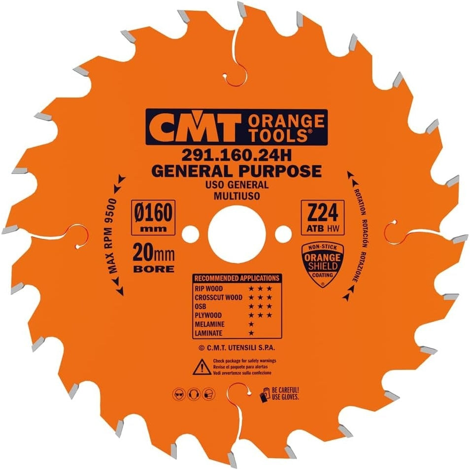 CMT Woodworking Cutting Tools 291.160.24H 24T ATB General Purpose Crosscut Circular Saw Blade for Festool Saws, 160mm
