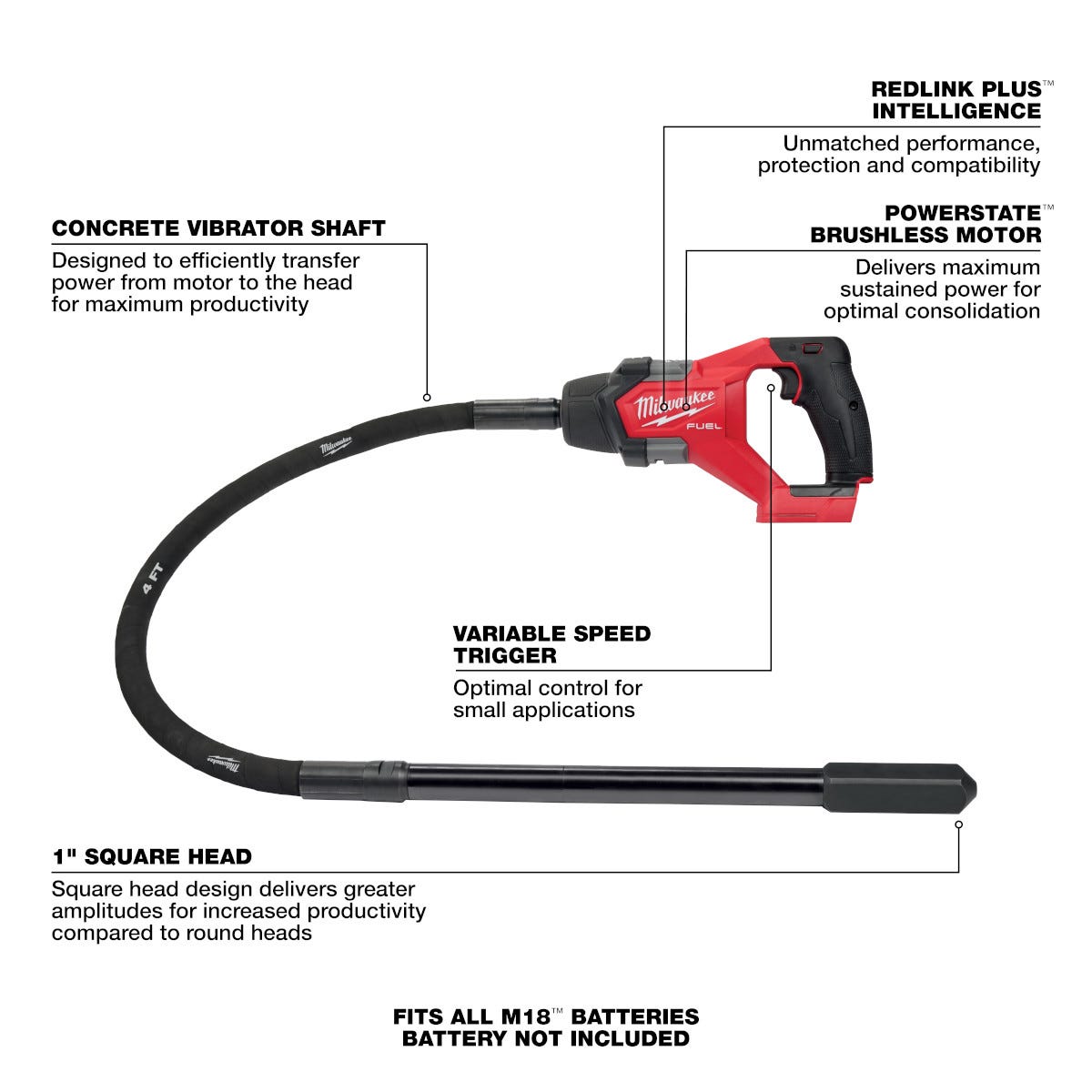 Milwaukee 2910-20 M18 FUEL 4-ft Concrete Pencil Vibrator, Tool Only