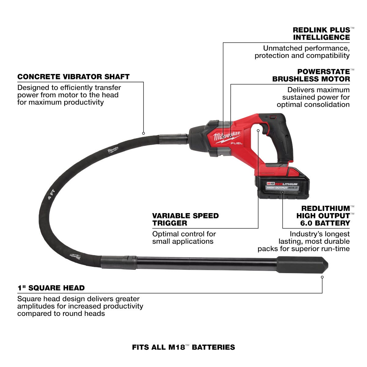 Milwaukee 2910-21 M18 FUEL 4-ft Concrete Pencil Vibrator Kit