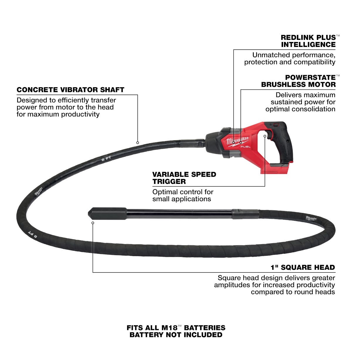 Milwaukee 2911-20 M18 FUEL 8-ft Concrete Pencil Vibrator, Tool Only