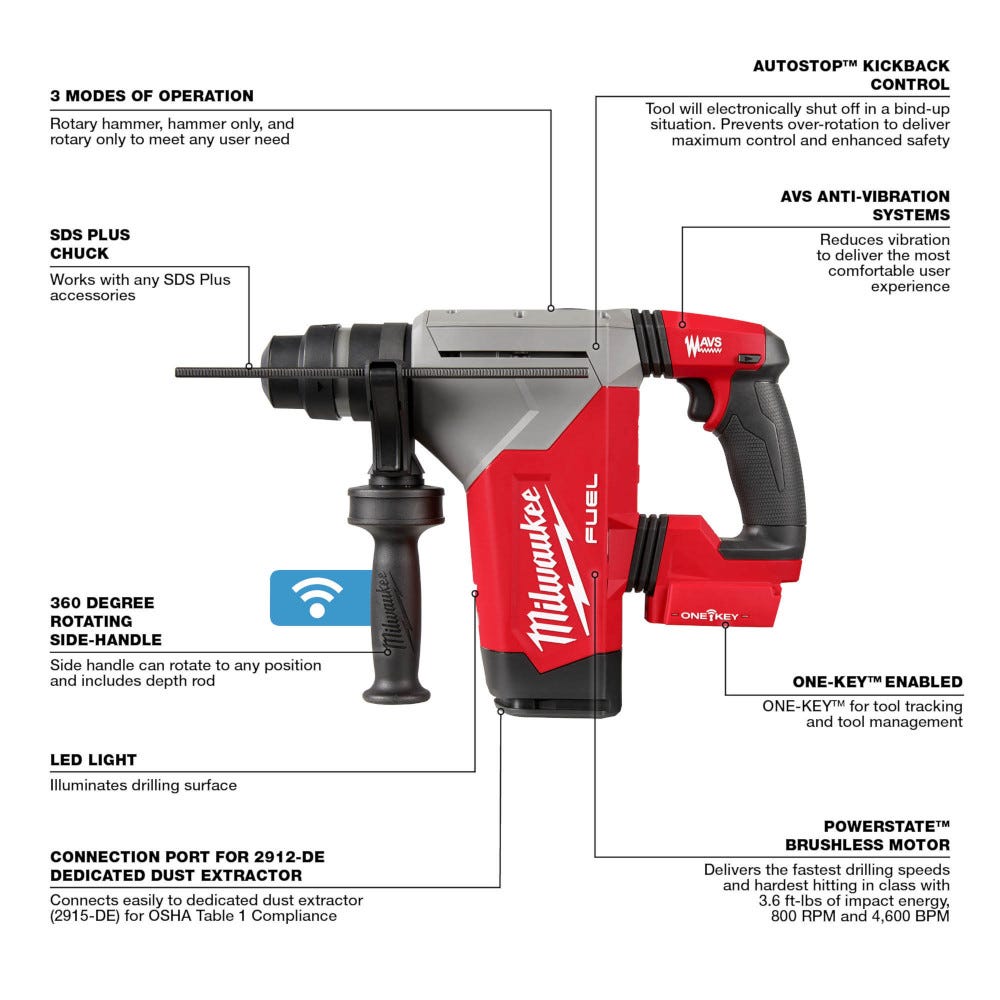 Milwaukee 2915-22DE M18 FUEL 1-1/8-in. SDS Plus Rotary Hammer Dust Extractor Kit