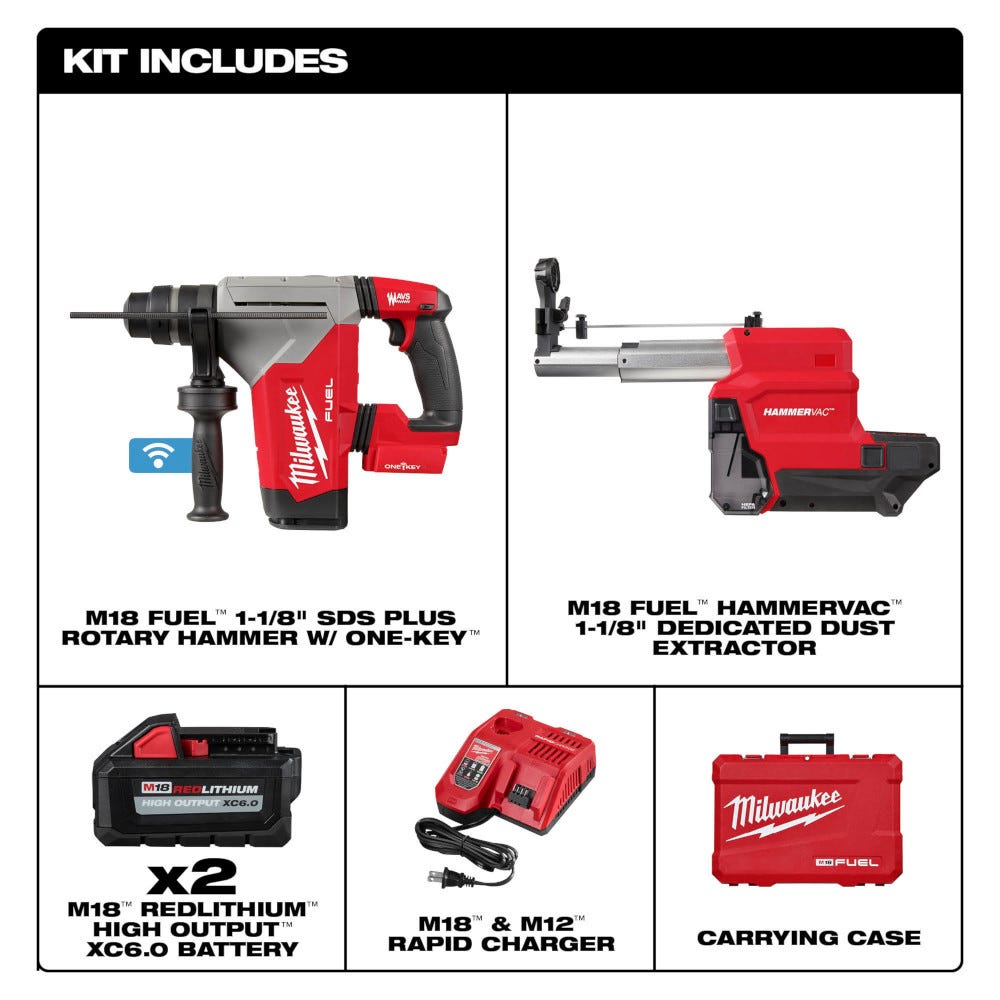 Milwaukee 2915-22DE M18 FUEL 1-1/8-in. SDS Plus Rotary Hammer Dust Extractor Kit