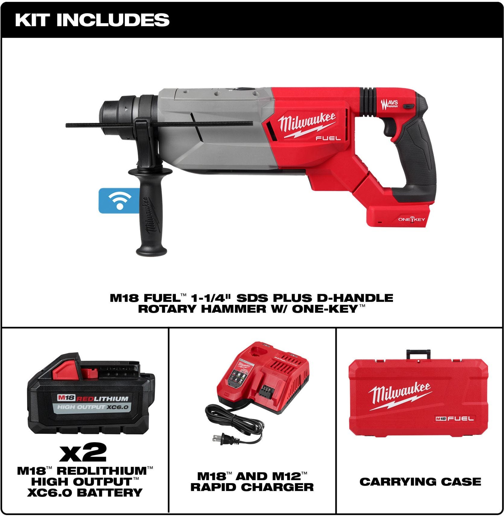 Milwaukee 2916-22 M18 FUEL 1-1/4 SDS Plus D-Handle Rotary Hammer Kit w/ ONE-KEY