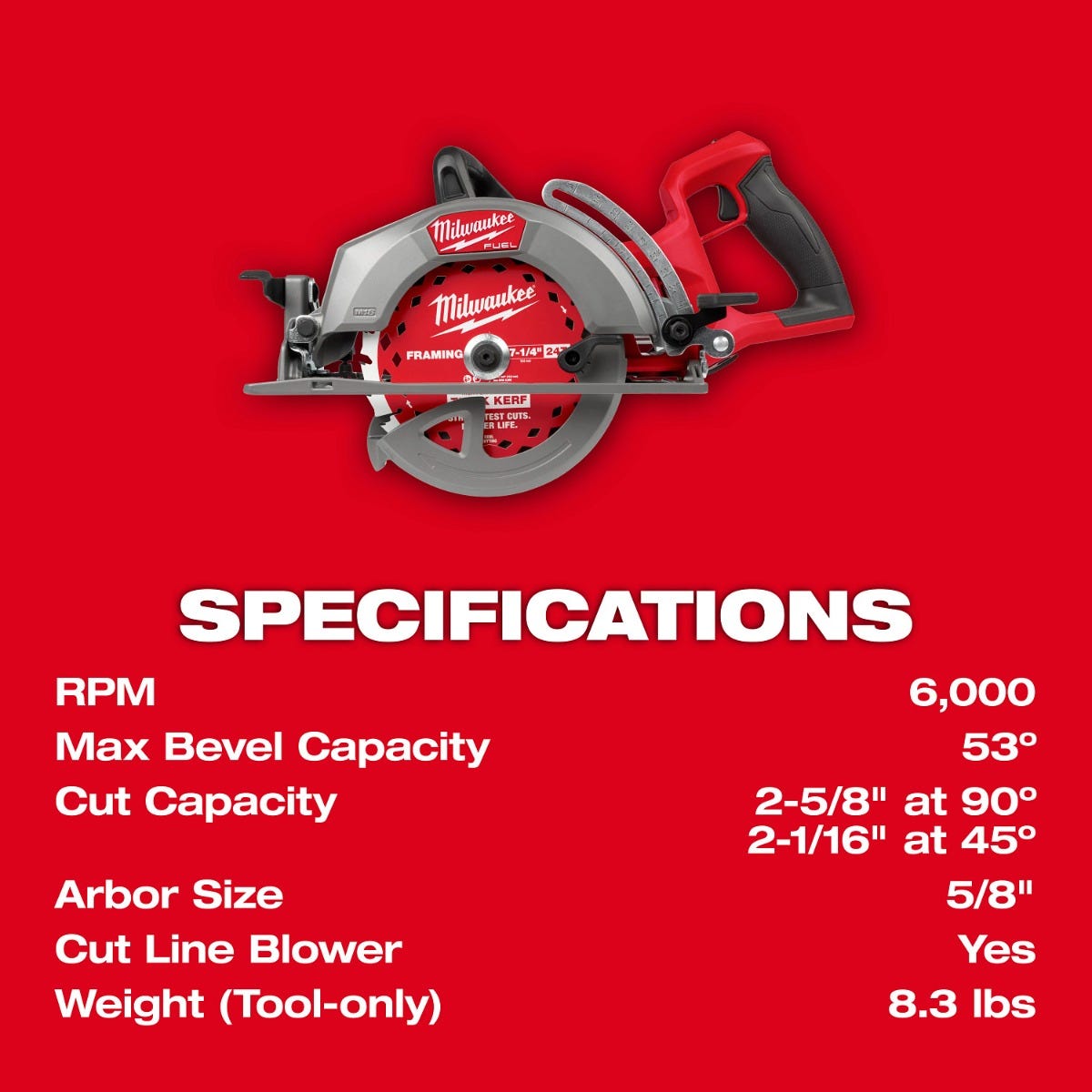 Milwaukee 2930-20 M18 FUEL 7-1/4-in. Rear Handle Circular Saw, Tool Only