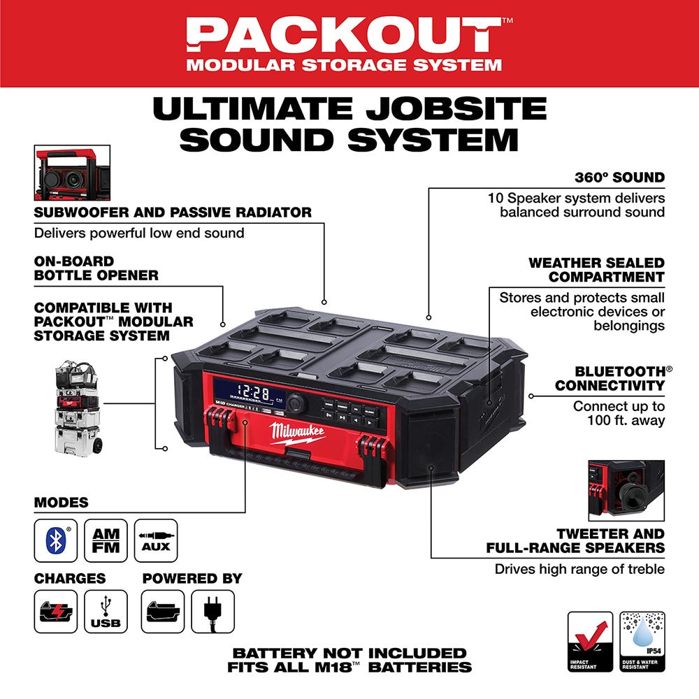 Milwaukee 2950-20 M18 PACKOUT 10-Speaker Bluetooth Jobsite Radio + Charger