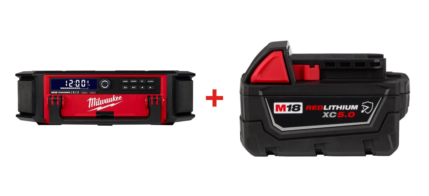 Milwaukee 2950-20 M18 PACKOUT 10-Speaker Bluetooth Jobsite Radio + Charger with Milwaukee 48-11-1850R M18 REDLITHIUM XC5.0 Oil & Solvent Resistant Battery