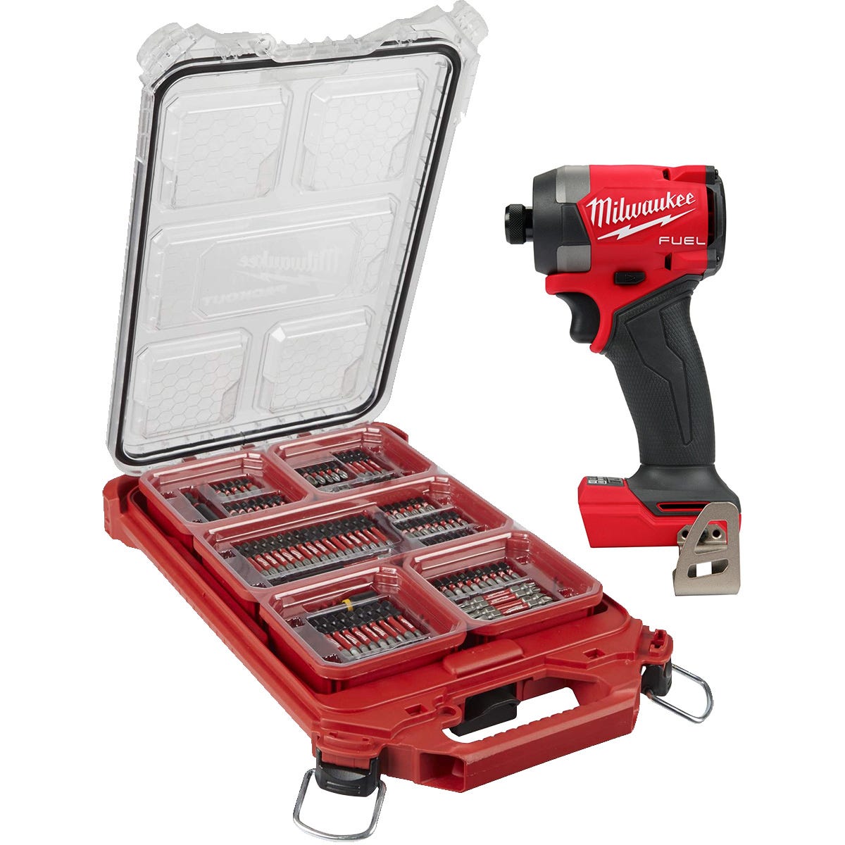 Milwaukee 2953-20 M18 FUEL Gen4 1/4-in. Hex Impact Driver, Tool Only with PACKOUT Organizer + SHOCKWAVE 100-Piece Impact Bit Set