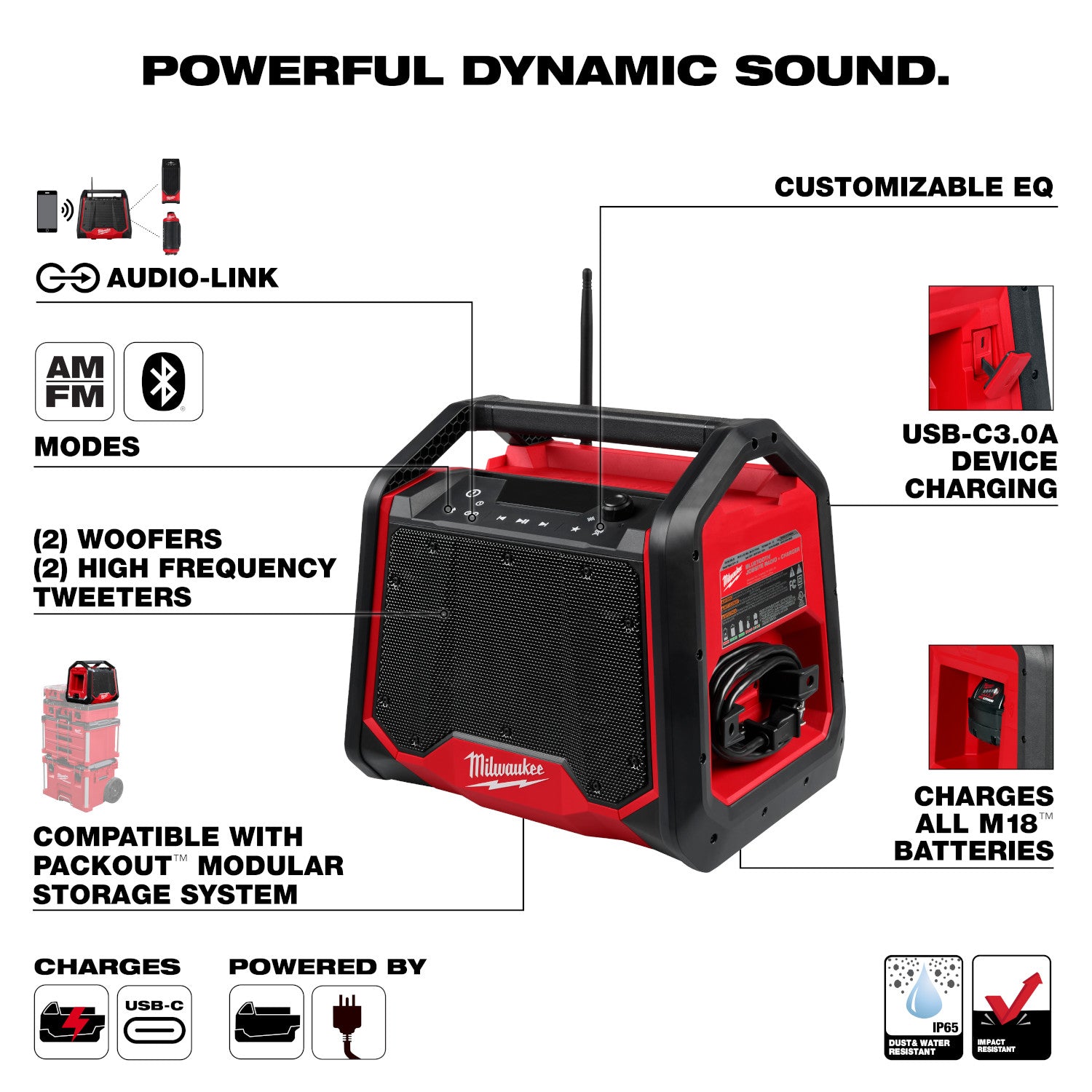 Milwaukee 2956-20 M18 Bluetooth PACKOUT Radio + Charger, Tool Only