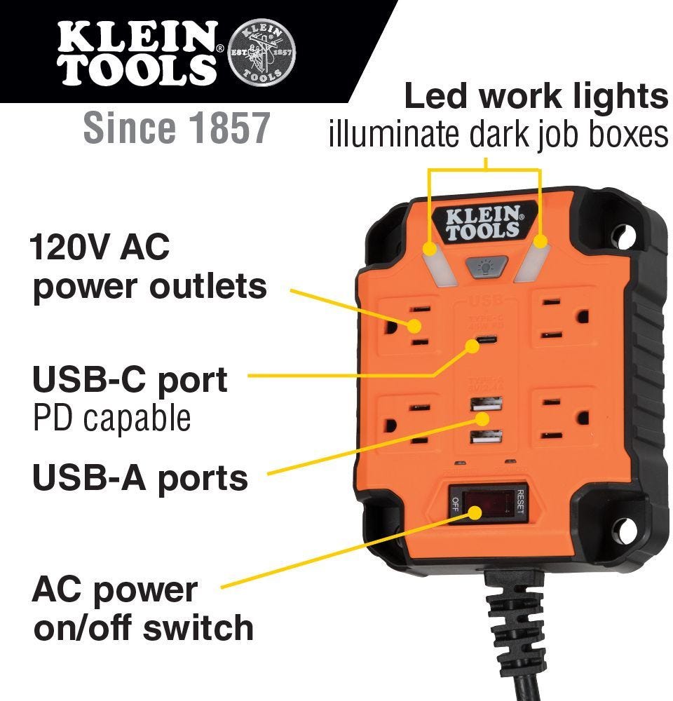 Klein 29601 PowerBox 1 Magnetic Mounted Power Strip with Integrated LED Lights