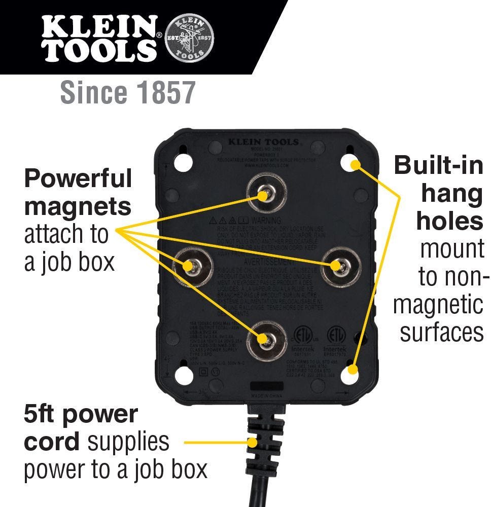 Klein 29601 PowerBox 1 Magnetic Mounted Power Strip with Integrated LED Lights