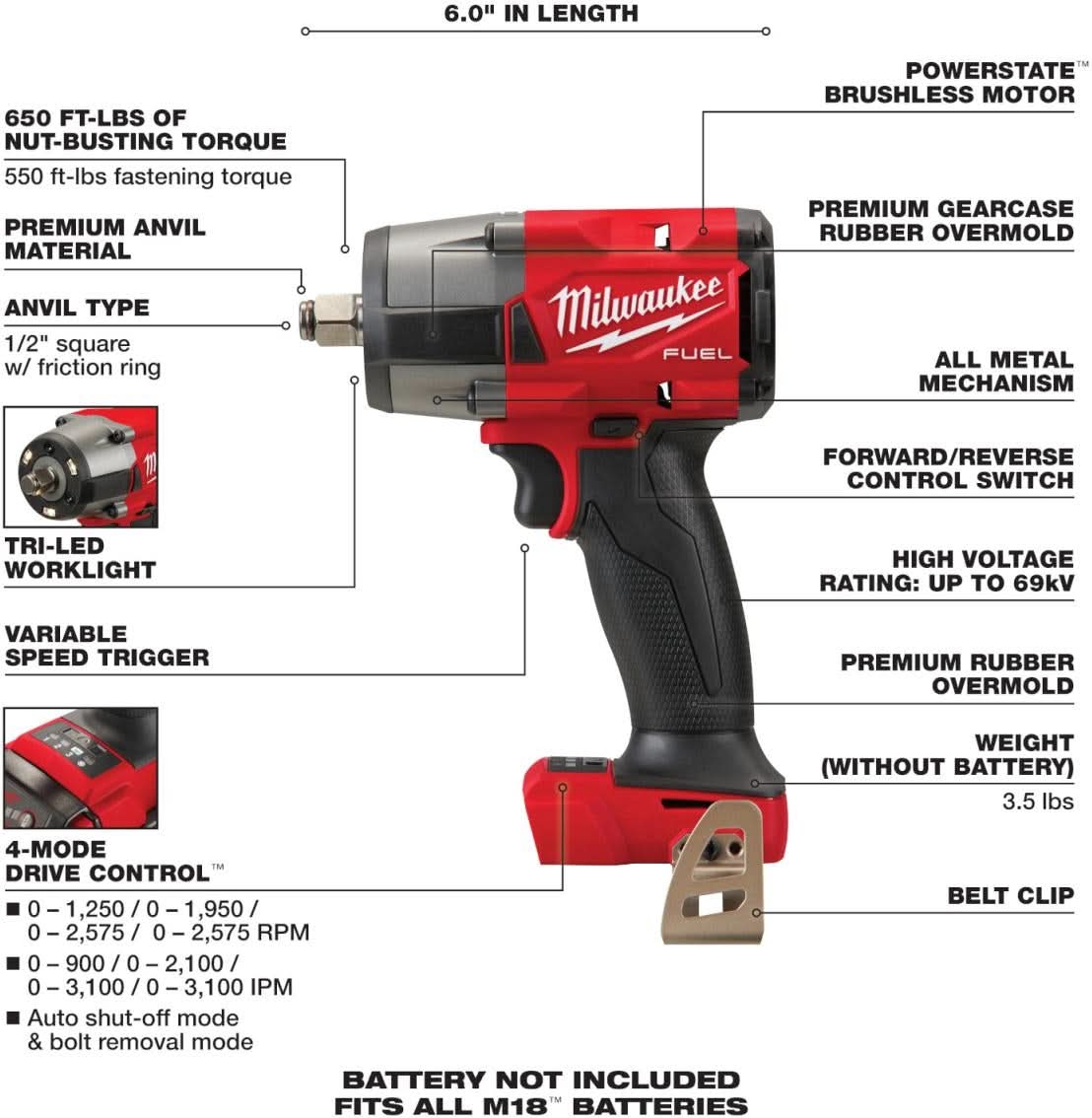 Milwaukee 2962-20 M18 FUEL 1/2-Inch Mid-Torque Impact Wrench with Friction Ring, Tool Only (PROMO)