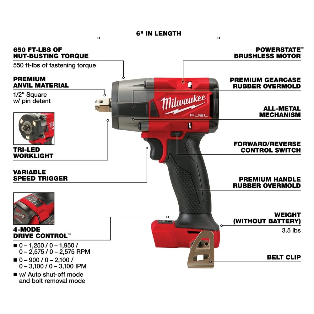 Milwaukee 2962P-20 M18 FUEL 1/2-Inch Mid-Torque Impact Wrench with Pin Detent, Tool Only