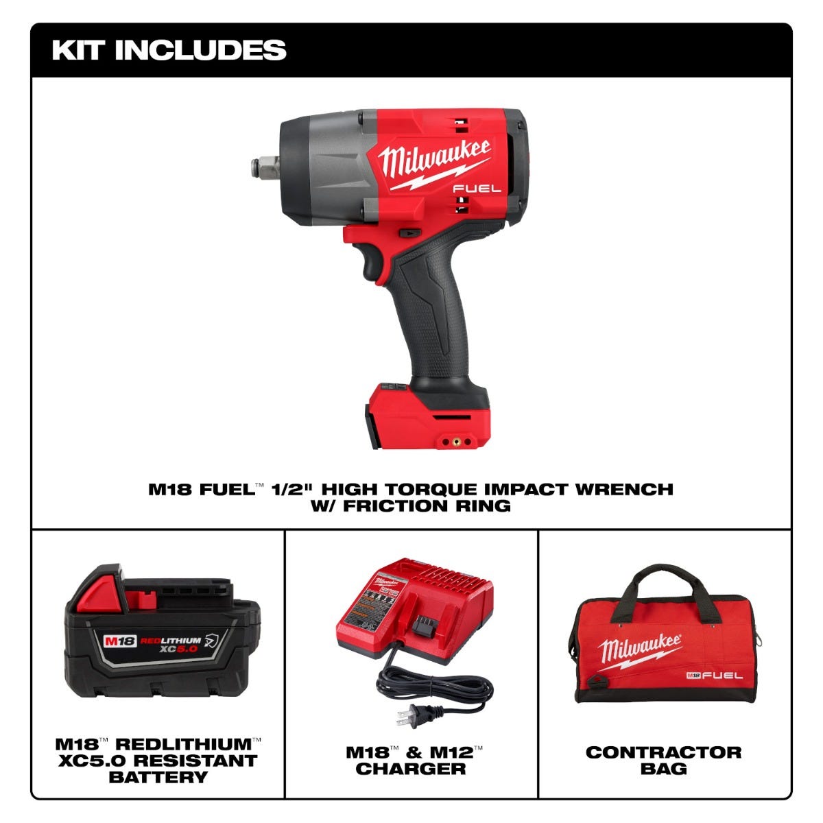 Milwaukee 2967-21B M18 FUEL 1/2" High Torque Impact Wrench w/ Friction Ring 5.0Ah Kit
