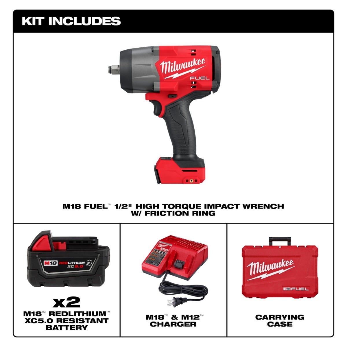 Milwaukee 2967-22 M18 FUEL 1/2" High Torque Impact wrench w/ Friction Ring 5.0Ah Kit