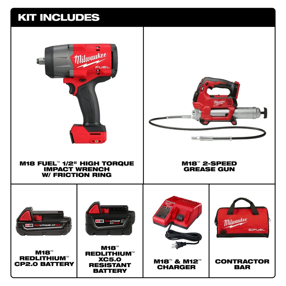 Milwaukee 2967-22GG M18 FUEL 1/2" HTIW & Grease Gun Combo Kit