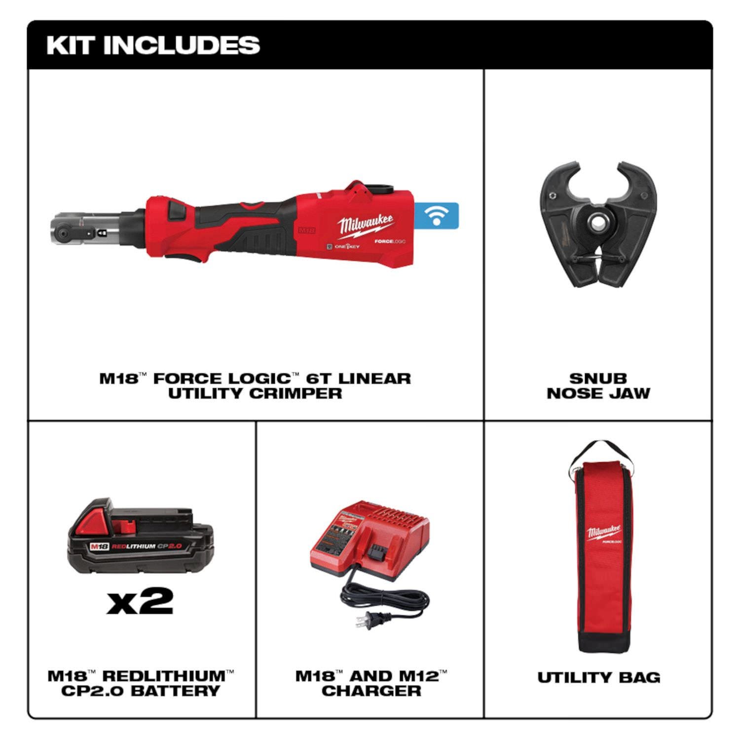 Milwaukee 2978-22 M18 FORCE LOGIC 6T Linear Utility Crimper Kit with Snub Nose Jaw 2.0Ah Kit