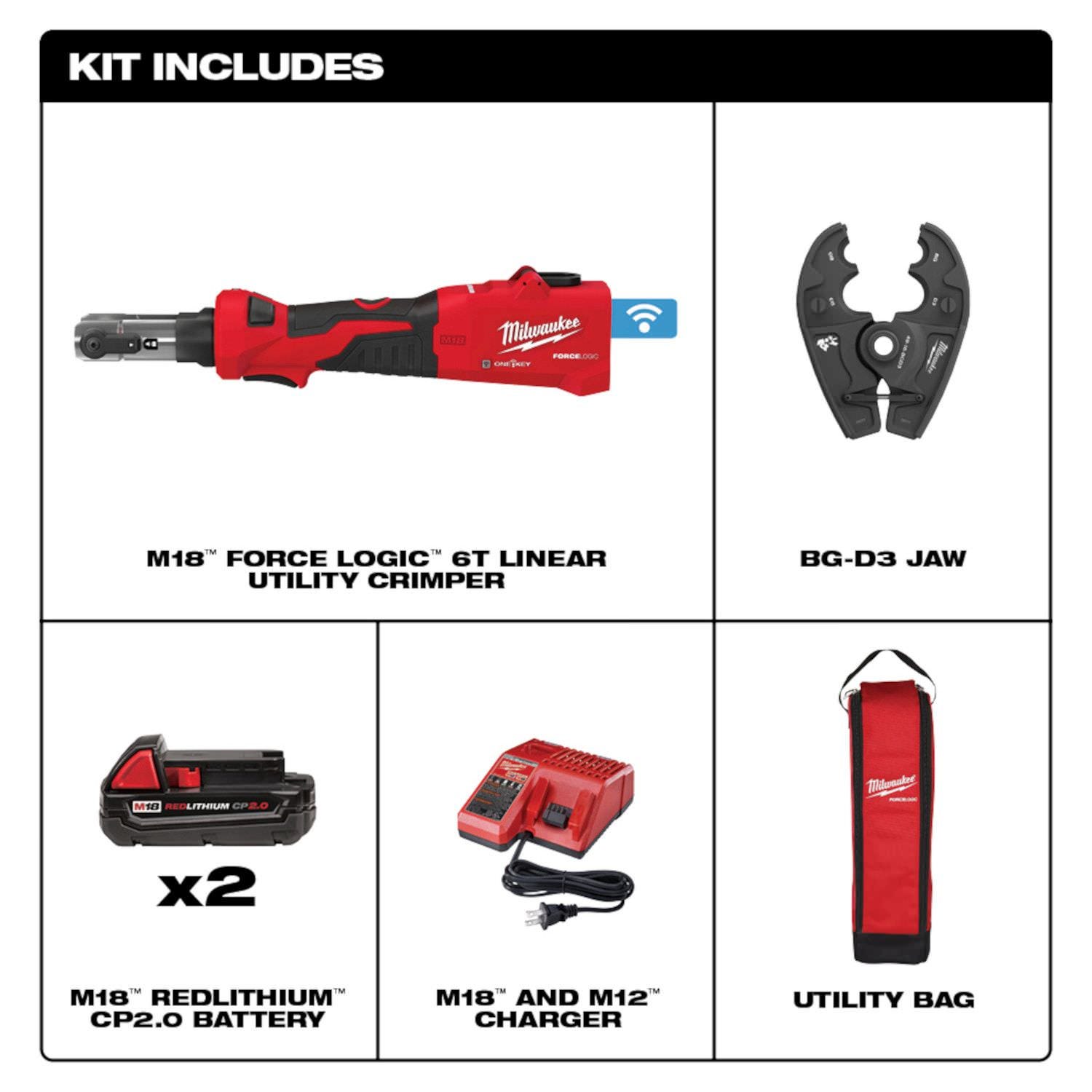 Milwaukee 2978-22BG M18 FORCE LOGIC 6T Linear Utility Crimper Kit with BG-D3 Jaw 2.0Ah Kit