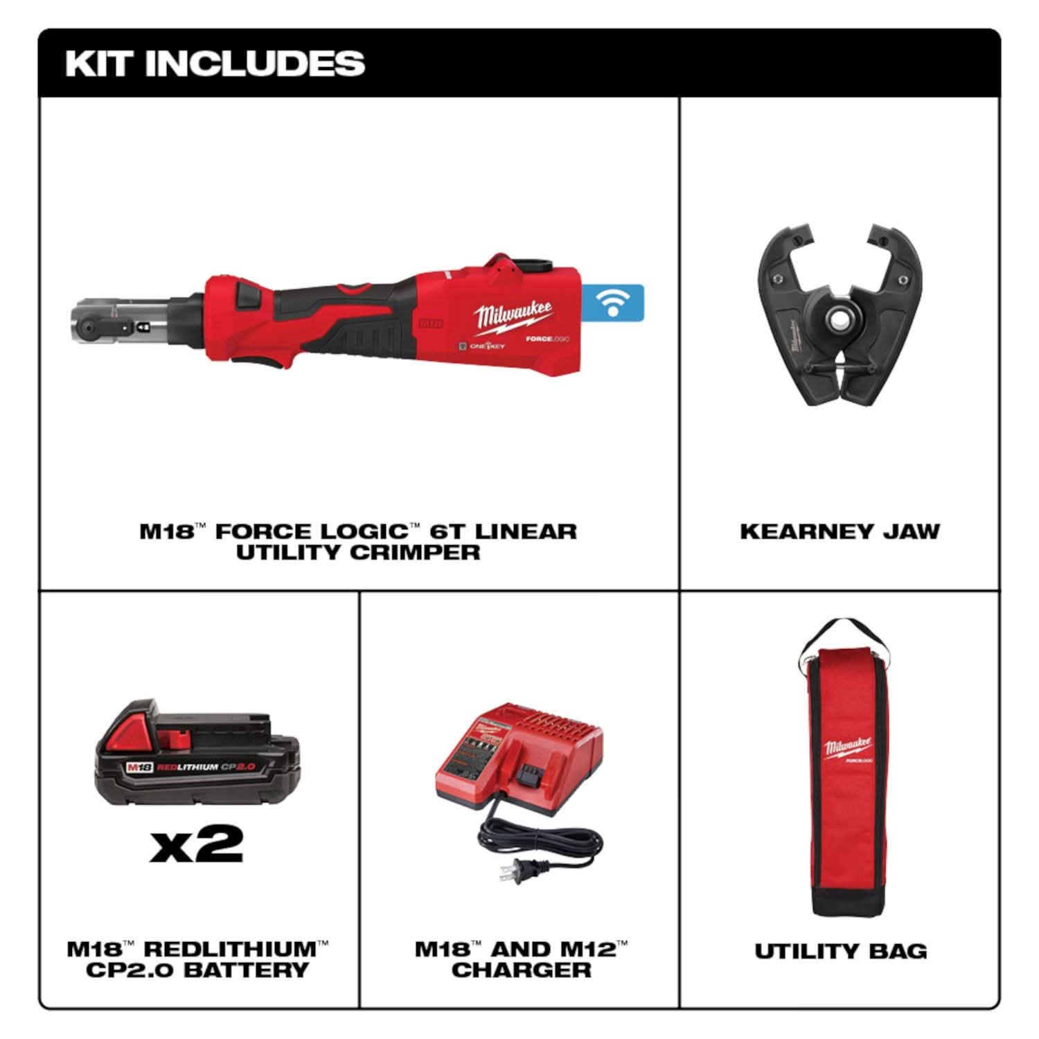 Milwaukee 2978-22K M18 FORCE LOGIC 6T Linear Utility Crimper Kit with Kearney Jaw 2.0Ah Kit
