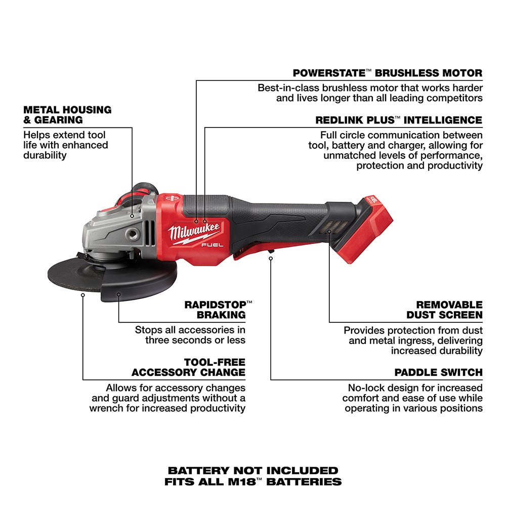 Milwaukee 2980-20 M18 FUEL Brushless 4-1/2" - 6" Paddle Switch Grinder, No-Lock, Tool Only