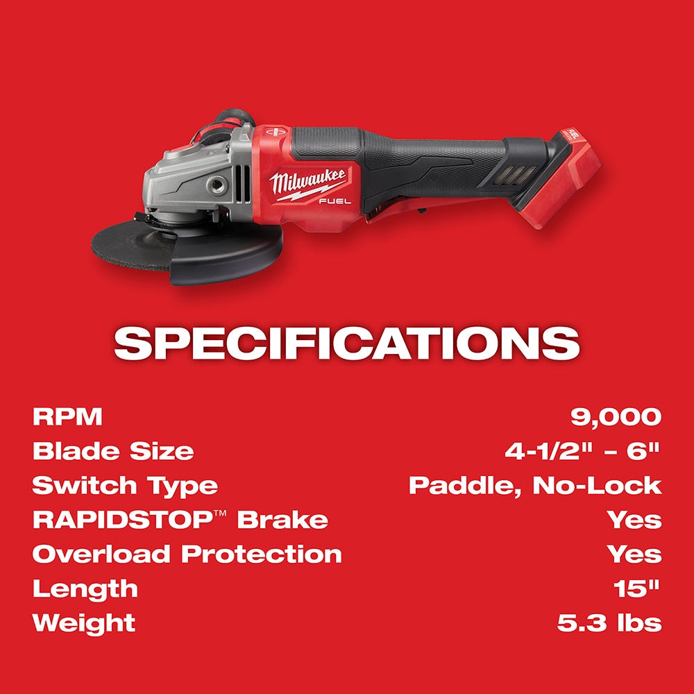Milwaukee 2980-20 M18 FUEL Brushless 4-1/2" - 6" Paddle Switch Grinder, No-Lock, Tool Only