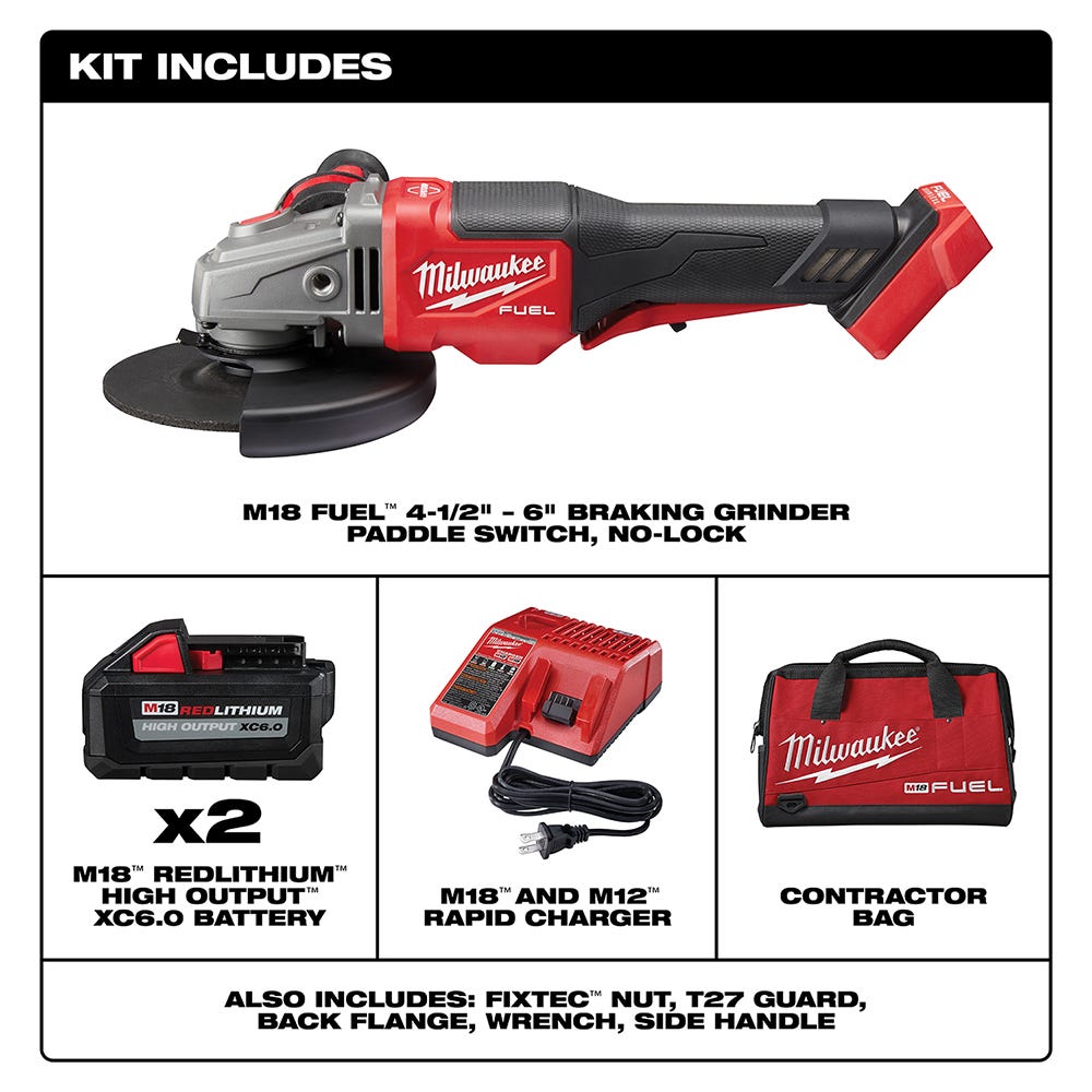 Milwaukee 2980-22 M18 FUEL Brushless 4-1/2" - 6" Paddle Switch Grinder, No-Lock, Kit