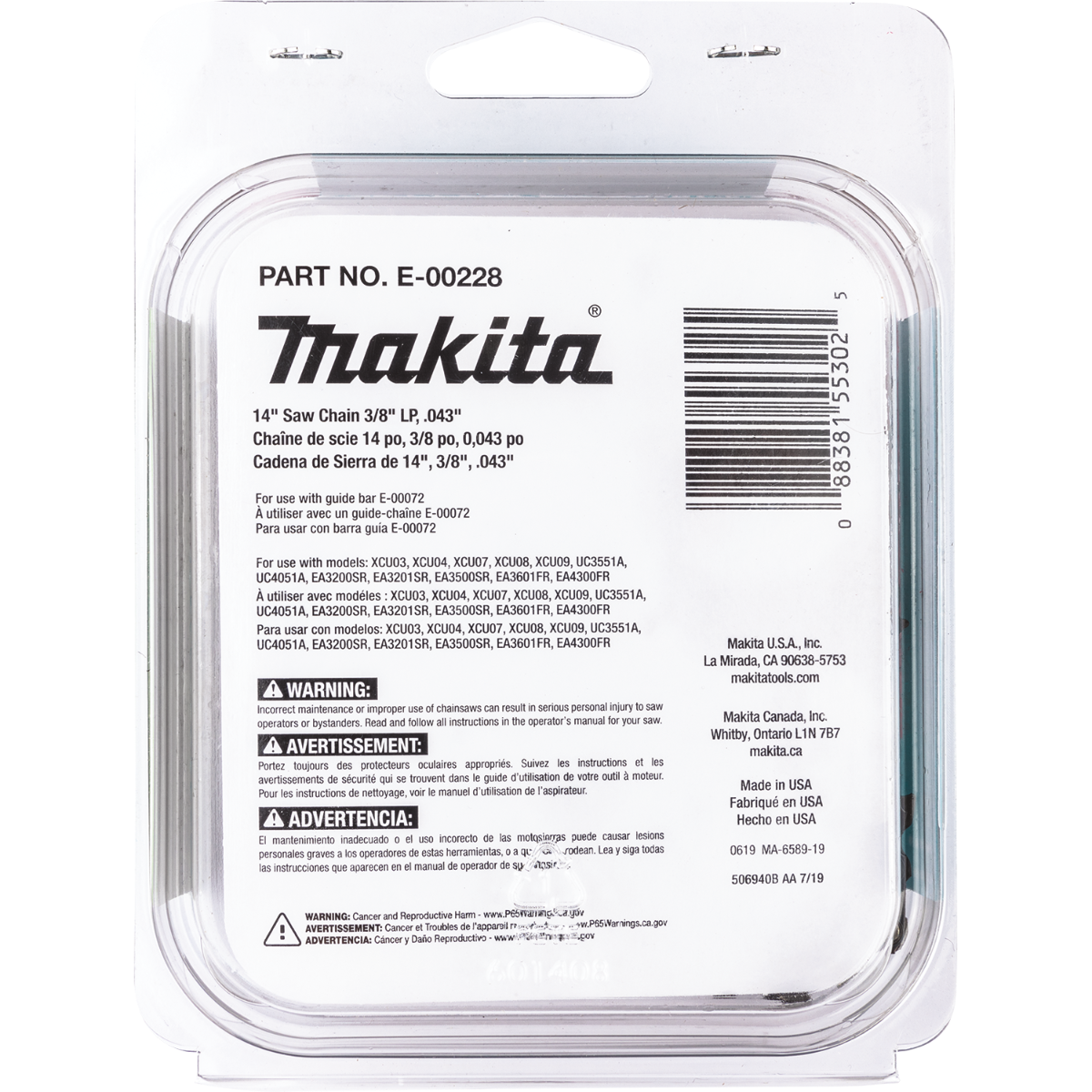 Makita E-00228 14" Saw Chain, 3/8" LP, .043", 52, Low Kickback