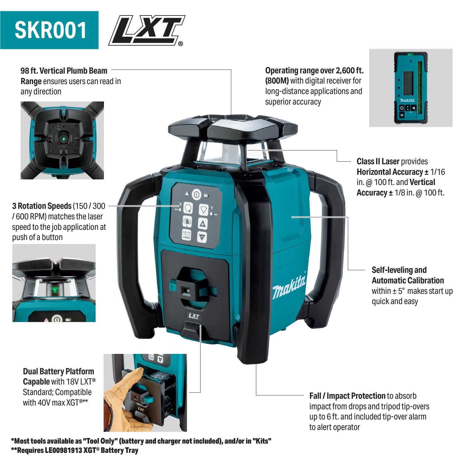Makita SKR001Z 18V LXT Green Exterior Dual Slope 360-Degree Rotary Laser with Case, Tool Only
