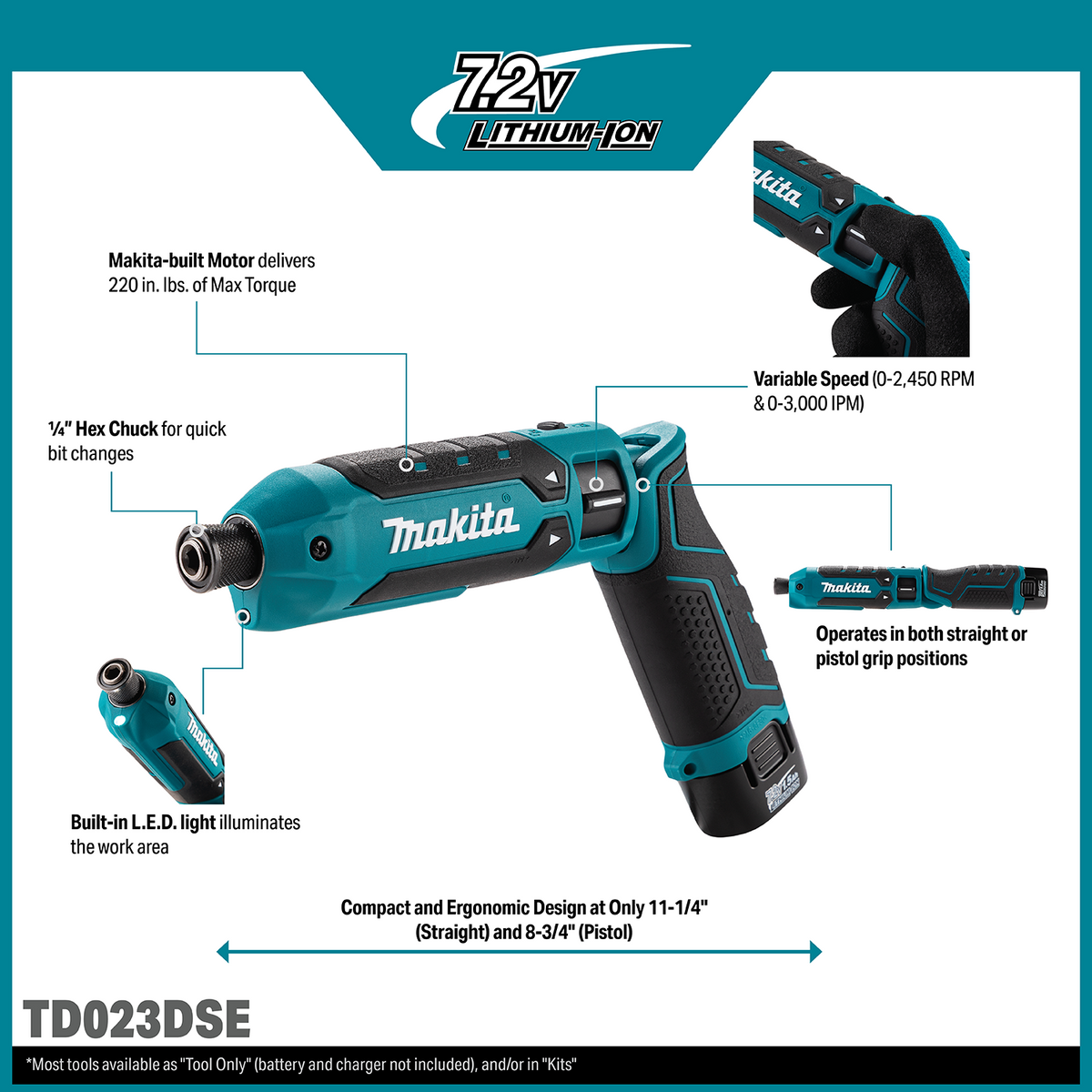 Makita 7.2V Lithium-Ion Cordless 1/4-in. Hex Pen Impact Driver, 1.5Ah Kit feature overview (TD023DSE)