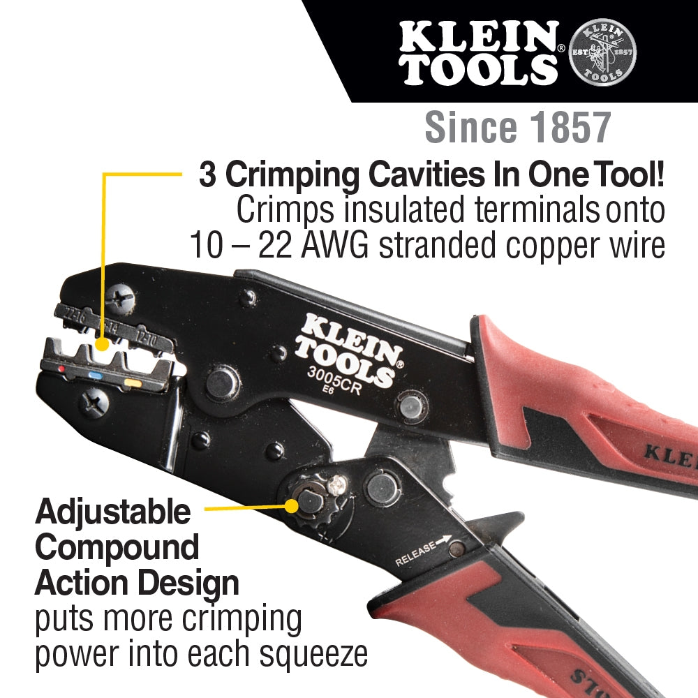 Klein 3005CR Ratcheting Crimper, 10-22 AWG - Insulated Terminals