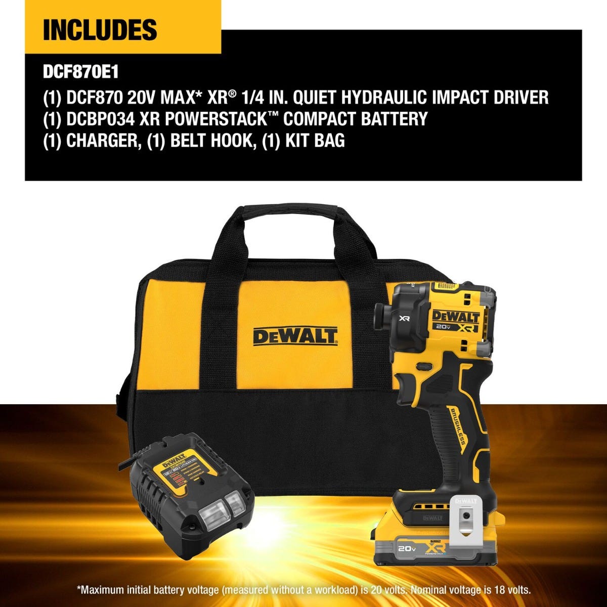 DeWalt DCF870E1 20V MAX XR Brushless 1/4-in. Quiet Hydraulic Impact Driver POWERSTACK Kit
