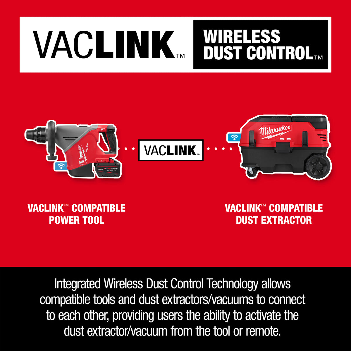 Milwaukee 3018-22HD demolition hammer VACLINK wireless dust control
